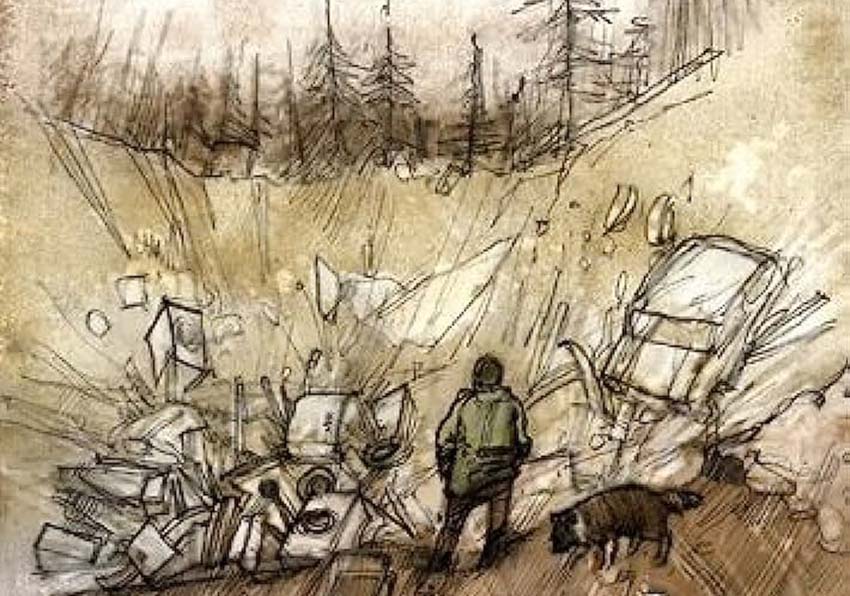 Poster detail. Drawing of a man and a dog in a landfill